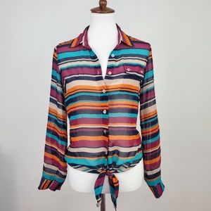 Blu Pepper Funky Sheer Striped Button Up Top
